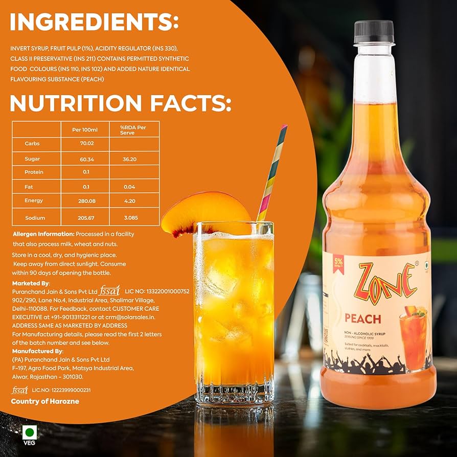 Zone Peach Flavoured Syrup 1L