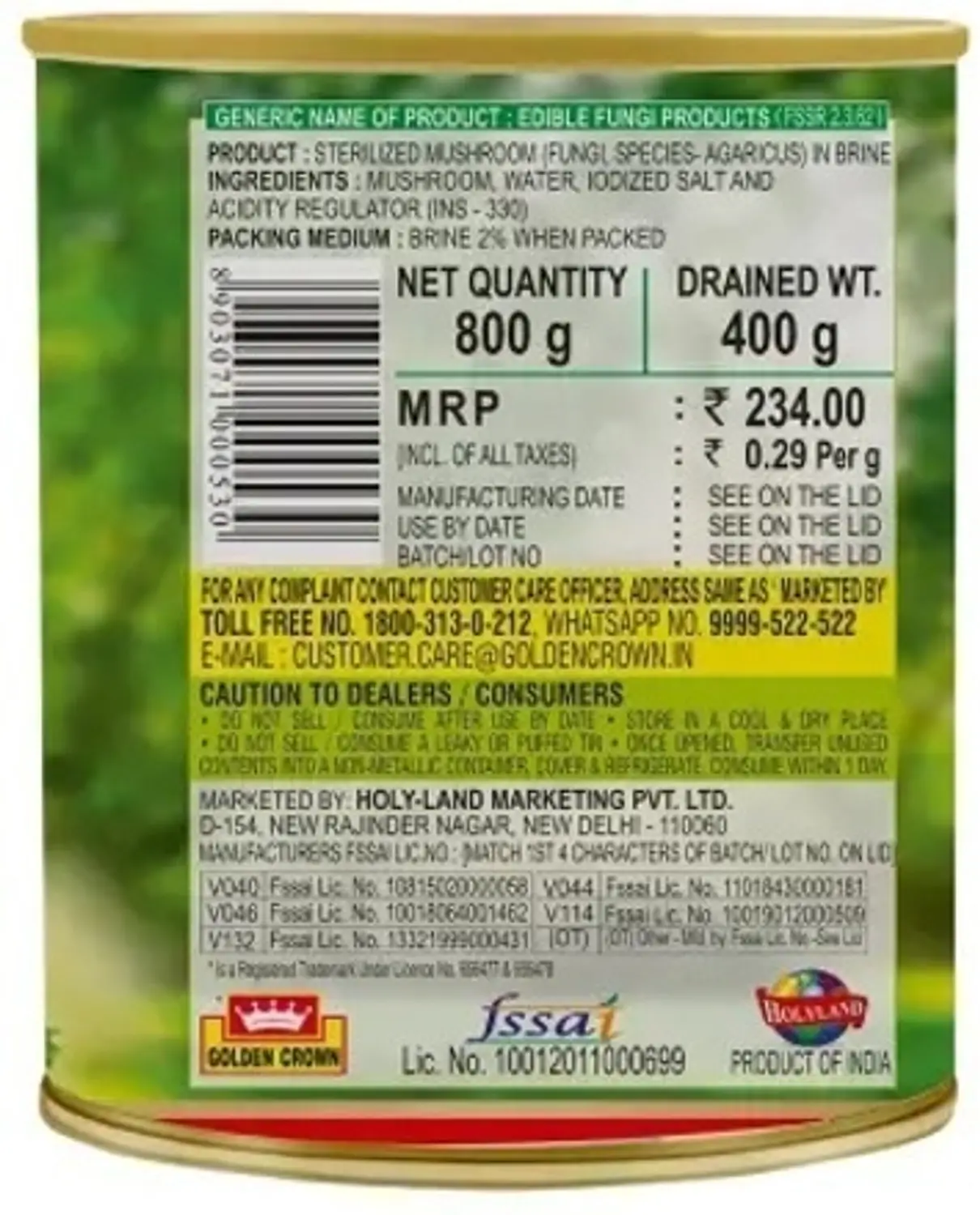 Golden Crown Sliced Mushroom 800G